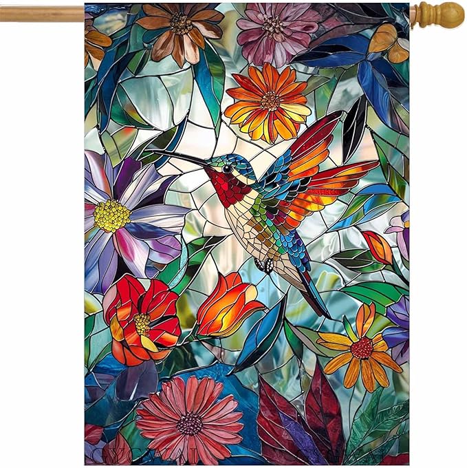 Stained Glass Spring Hummingbird House Flag 28x40 Inch Double Sided for Outside, Colorful Floral Large Burlap Yard Flag for Summer Farmhouse Holiday Outdoor Decorations