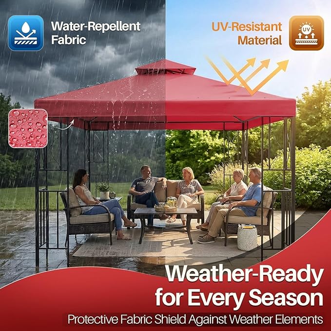 Flexzion Gazebo Cover Replacement Canopy Top 10x10 Ft (3m x 3m) - Double Tier Top Canopy Cover Replacement with UV30+, Dirt, Water Resistant for Outdoor, Sunshade, Garden, Patio, Pavilion (Red)