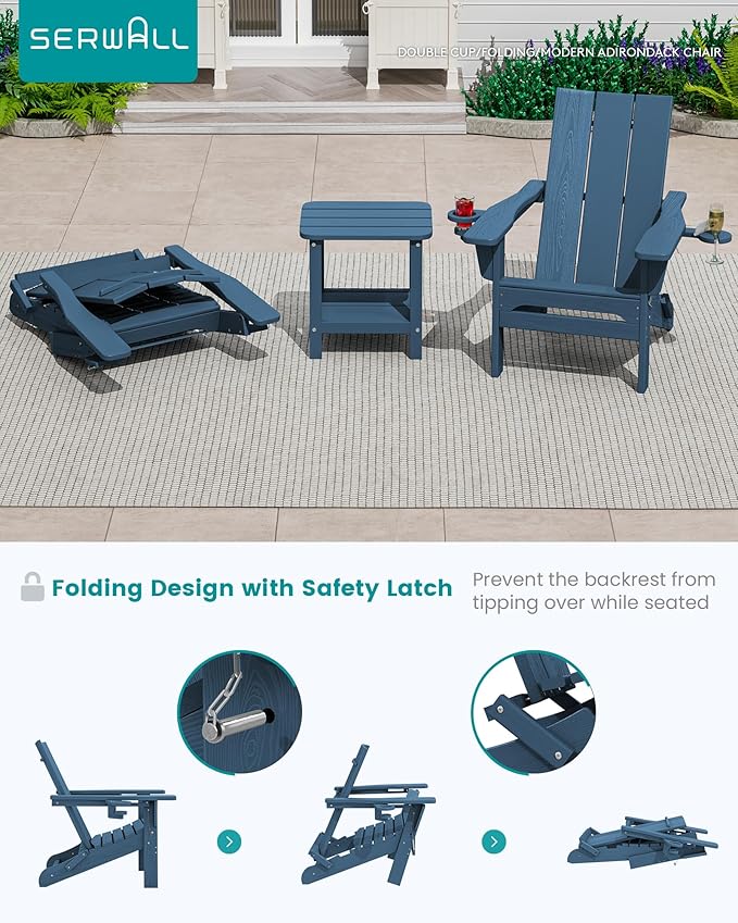SERWALL Modern Folding Adirondack Chair Set of 6, Weather Resistant Outdoor Adirondack Chair with Dual Cup Holders, HDPE Fire Pit Chairs for Patio Lawn Garden, Blue