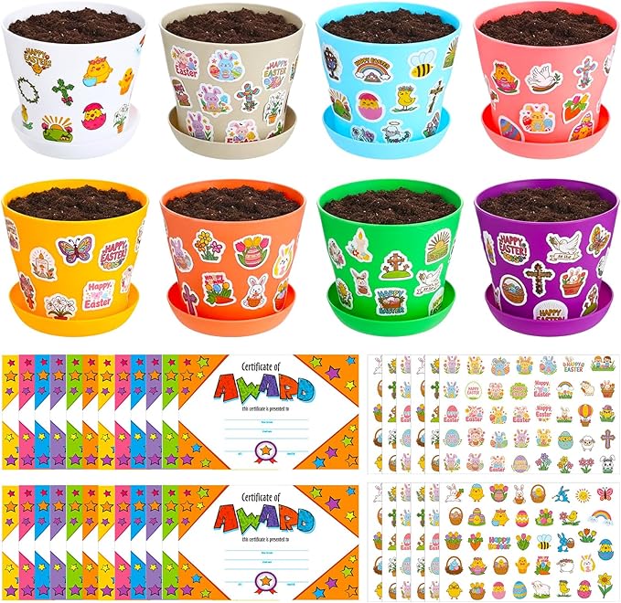 Domensi 30 Pack Garden Pot Craft Kit 4 Inch DIY Happy Easter Crafts for Kids Bulk Small Plastic Spring Flower Plant Pot Plastic Planter with Tray Drainage Holes with Tag, Certificate of Award, Sticker