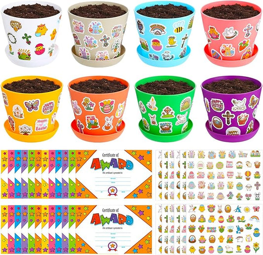 Domensi 30 Pack Garden Pot Craft Kit 4 Inch DIY Happy Easter Crafts for Kids Bulk Small Plastic Spring Flower Plant Pot Plastic Planter with Tray Drainage Holes with Tag, Certificate of Award, Sticker