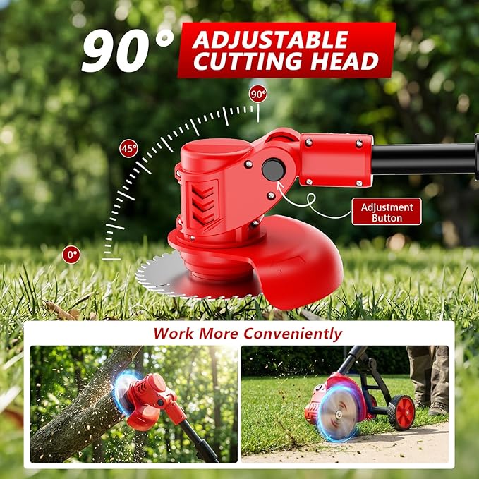 Electric Weed Wacker Cordless with Wheels, 4-in-1 Weed Eater Battery Powered 4000mAh 21V, Brush Cutter/String Trimmer/Grass Trimmer/Lawn Mower with 3 Types Blades, Lightweight Garden Tool, 2 Battery