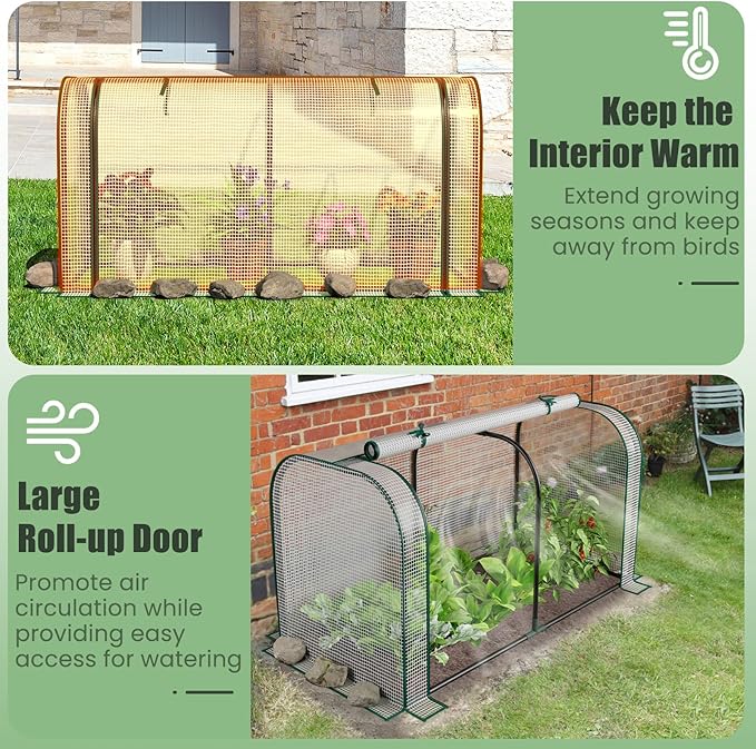 Giantex Raised Garden Bed with Cover, Wood Elevated Planter Box with Legs & Mini Greenhouse, Waterproof Sun-Protective PE Green House Cover, Outdoor Use for Fruit Vegetable Flower Herb (White+Natural)