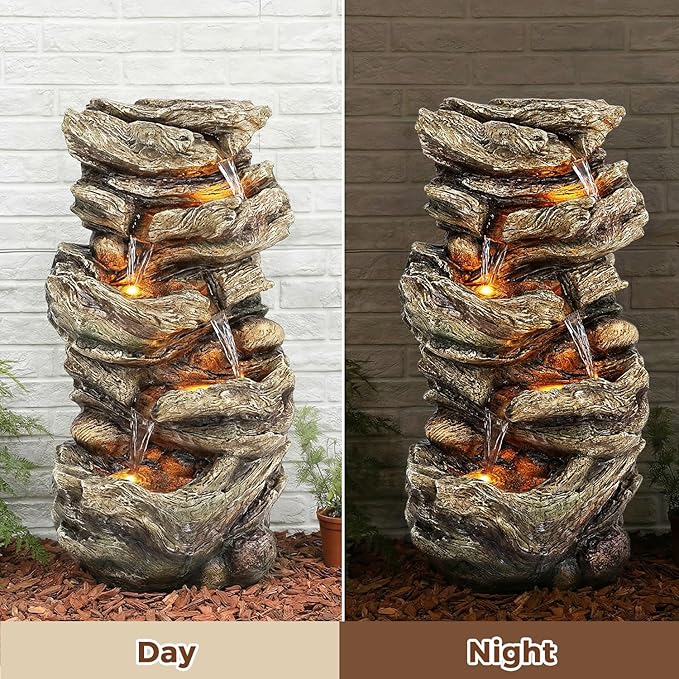 Jocoevol 32" High Outdoor Water Fountain, 5-Tiers Cascading Rock Waterfall Fountain with LED Lights for Garden, Patio, Yard Decor, Soothing Tranquility for Any Outdoor Living Space