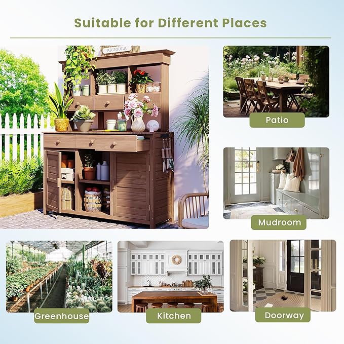 RUNNA 65.7'' H Tall Garden Potting Bench Table with Hutch,Patio Storage Workstation with 3 Shelves,6 Drawers,2 Bottom Cabinets&Side Hooks for Mudroom,Doorway (Brown@024, 65.7)