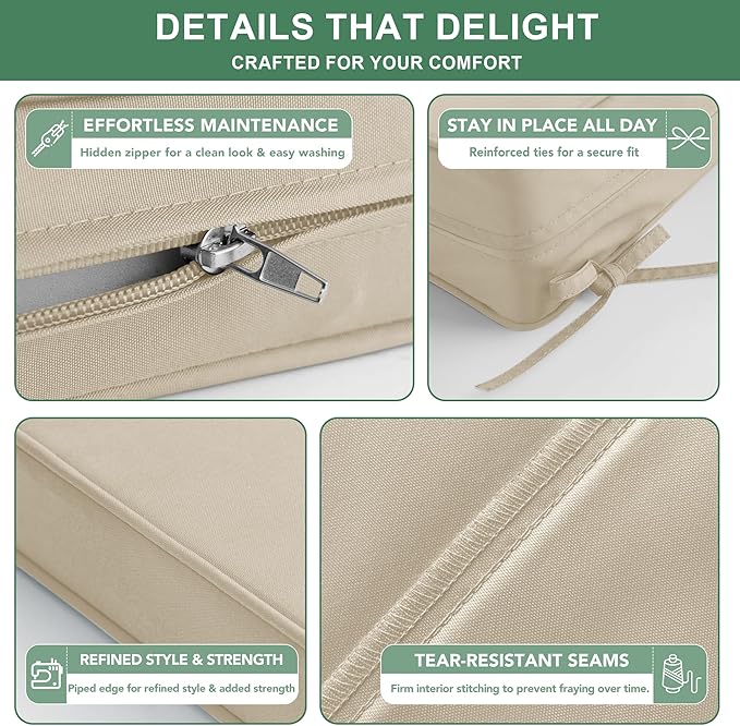 Summsun Outdoor Chair Cushion Weather Resistant, Backrest and Seat Cushion Set for Patio Furniture with Waterproof Removable Cover, 19 x 19 Inch, Cream, 1 Set