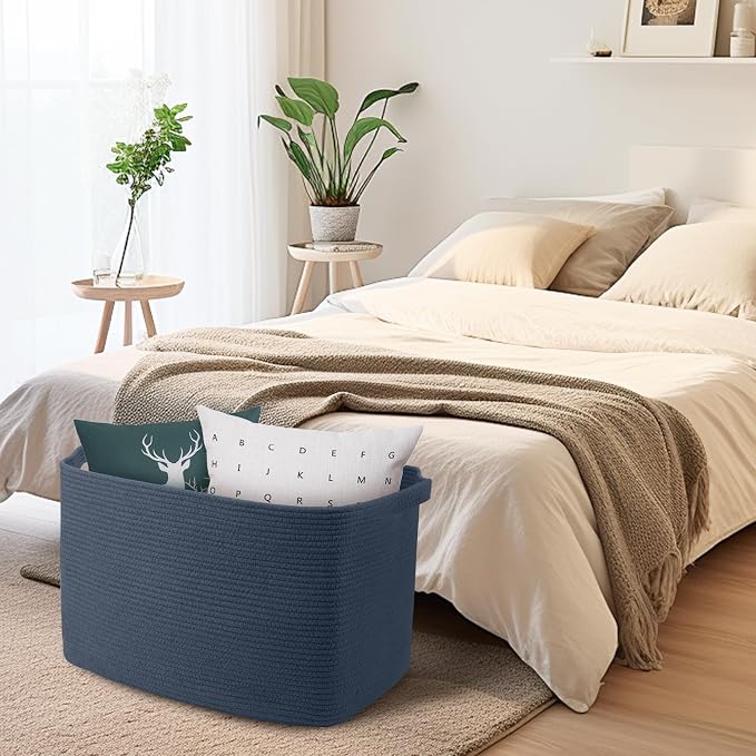 MEGASKET Extra Large Rectangle Storage Basket, 23.6" x 17" x 12" Dark Blue Blanket Storage for Living Room, Large Woven Cotton Rope Storage Box, Soft Kids Toy Basket Organizer Bin, Big Wicker Basket
