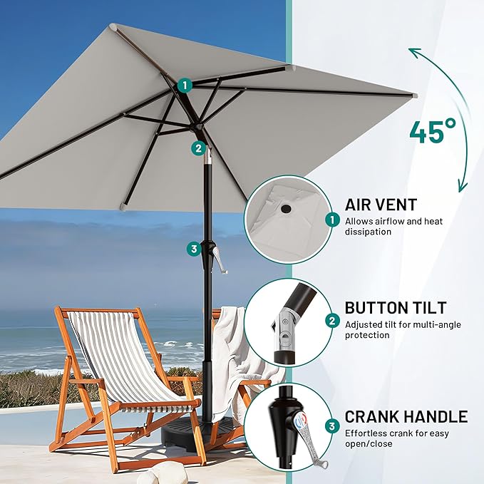 AreShark 6.5' x 10' Rectangular Patio Umbrellas for Outdoor, Outdoor Table Umbrella, Large Outdoor Patio Umbrellas with 6 Sturdy Ribs for Pool, Garden, Deck & Market (Light Gray)