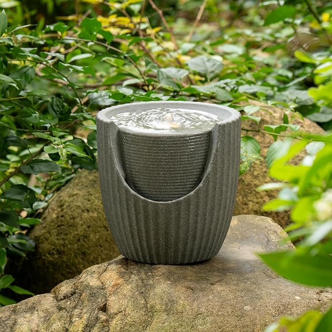 9.84” H Small Outdoor Water Fountain Made with Eco-Friendly Recyclable Materials, Polyethylene Bubbler Water Fountain, Outdoor Tabletop Decor with LED Lights for Patio, Porch, Backyard (9.84")