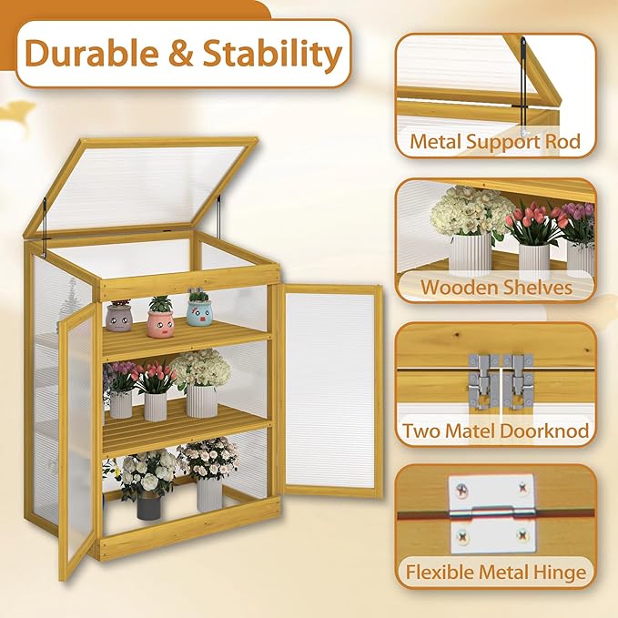 Greenhouse Wooden Cold Frame Greenhouse, Garden Portable Mini Greenhouse Cabinet,2-Tier Wooden Cold Frame Garden Greenhouse with Transparent Polycarbonate Sheet, Keep Plant Warm Enough (Brown)