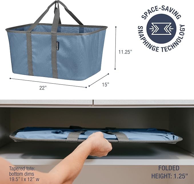 CleverMade Collapsible Laundry Tote, 50L Carry-All Tote, 2 Pack, Denim | Carry a Full Load with One Hand | Long Center Handles Balance 55 lb, While the Steel Rim Holds Shape and Folds Flat