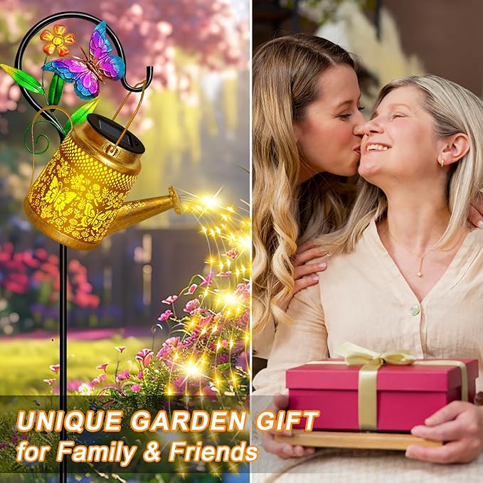 Solar Watering Can Lights Outdoor Garden Decor, Large Butterfly Hanging Lantern with Shepherd Hook, Waterproof Garden Lights for Outdoor Landscape Pathway Yard, Gift for Mom Grandma Mother Gifts