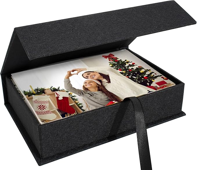 Photo Storage Box 5x7, Keepsake Box - Black | Linen Material, Connected Lid, for Photos, Certificates, Scrapbooking Supplies, Keepsakes, Jewelry