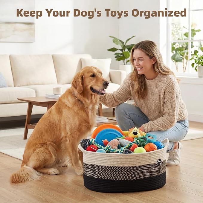 Optish 40L Extra Larg Dog Toy Basket, Woven Rope Storage Basket,Black-Brown | 20" x 14" x 9" XL Toy Storage Box and Bin with Handles for Living Room, Bedroom Organization, Foldable, Durable, Home Decor