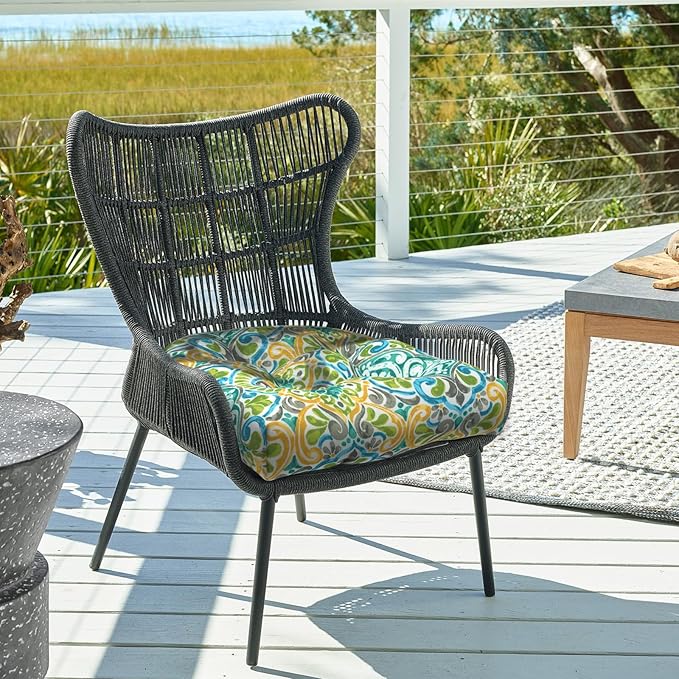 DYTXIII Set of 2 Outdoor Chair Cushions 19"x19"x4", Water Repellent Tufted Patio Seat Cushions with Ties, Thick Replacement Pads for Wicker Dining Chairs, Patio Furniture, Damask Green