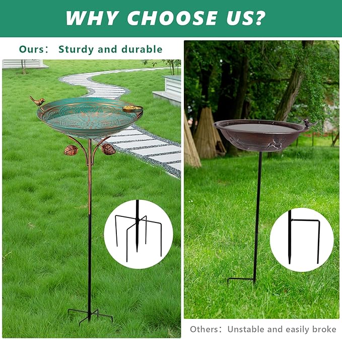 Metal Bird Baths for Outdoors, 39" H Birdbath with 13 Inch Bowl, Standing Bird Bath & Bird Feeder with Stake for Outside Garden Patio Yard Lawn Decor,Green