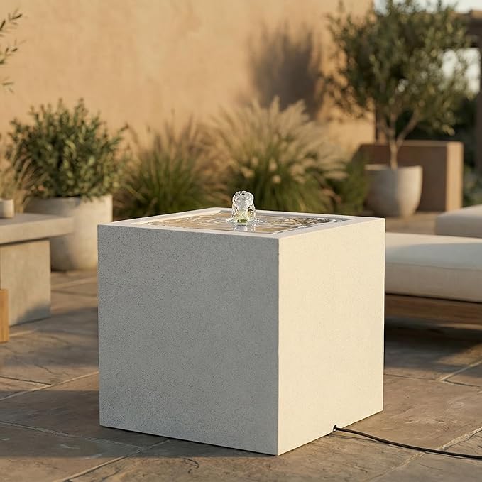 Sunnydaze Outdoor Water Fountain with LED Light - Modern Square Bubbler Water Feature with Pump - 17.5" H - for Patio, Garden, Deck, Relaxation and Stress Relief - Fog