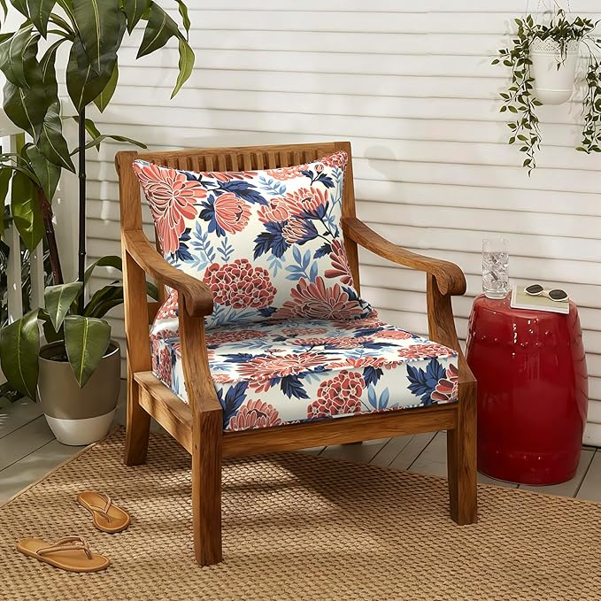 LVTXIII Outdoor Deep Seat Cushion 22"x22"x4" Patio Seat and Back Cushion Set Seasonal Chair Cushion for Dining Arm Chairs, Wicker Chairs and Garden Furniture Decoration, Red Chrysanthemum
