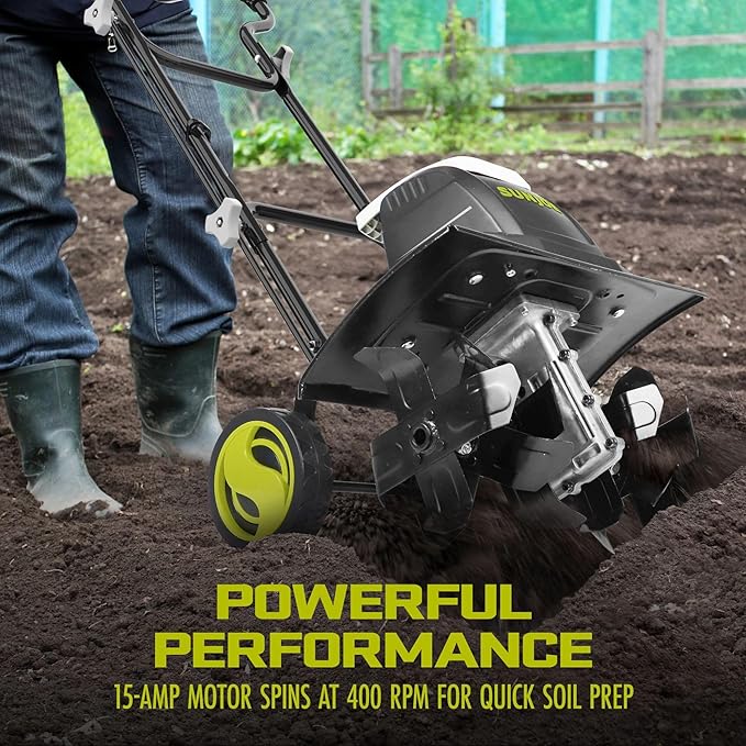 Sun Joe Corded Electric Garden Tiller & Cultivator with Steel Tines, 15.7", 15A Motor, Heavy-Duty Tilling Machine for Lawn, Yard, & Gardening, TJ605E