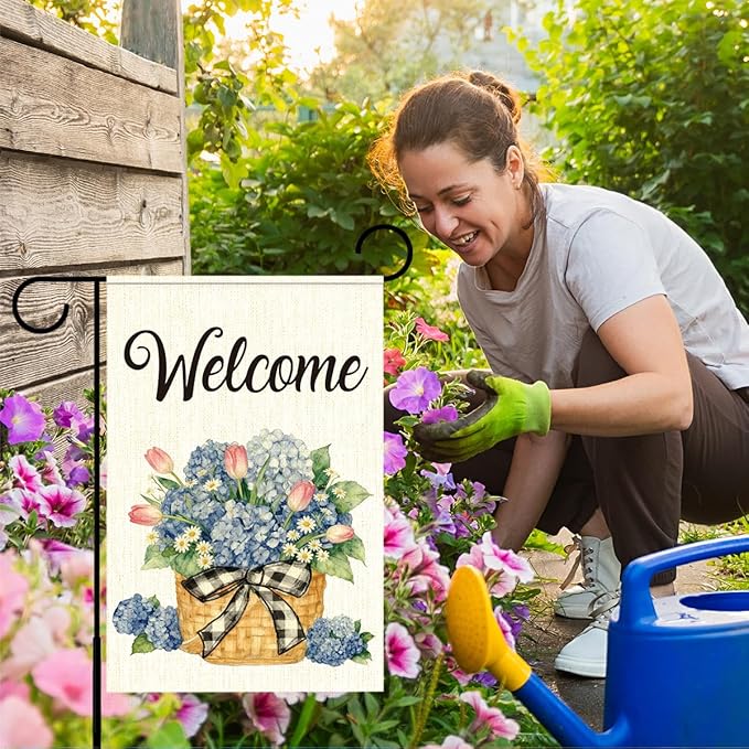 Welcome Flags for Outside,Spring Hydrangea Garden Flag for Yard Patio Lawn Decoration,12x18 Inch Double Sided