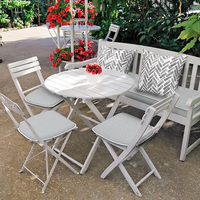 DYTXIII Set of 4 Outdoor Chair Cushions with Ties,Water Repellent Patio Chair Pads 17"x 16" for Outdoor Furniture,Round Corner Seat Cushions for Garden Yard Kitchen Stripe Gray