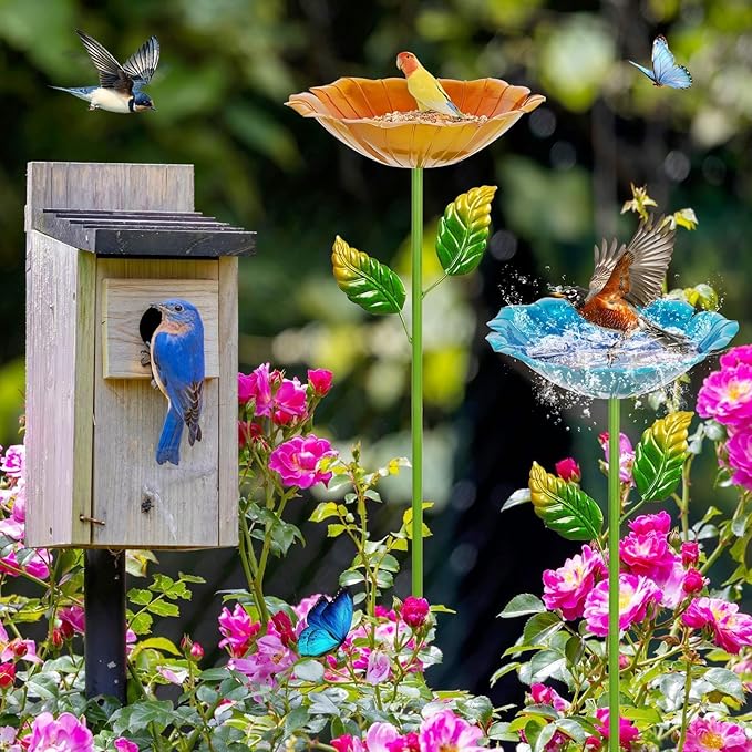 2 Pack Bird Baths for Outdoors, Colorful Metal Bird Bath for Outside, Hummingbird Bath with Five Stakes, Garden Flower Small Birdbath for Garden Decor, 31.3" H x 10.63" Dia (Blue,Yellow)