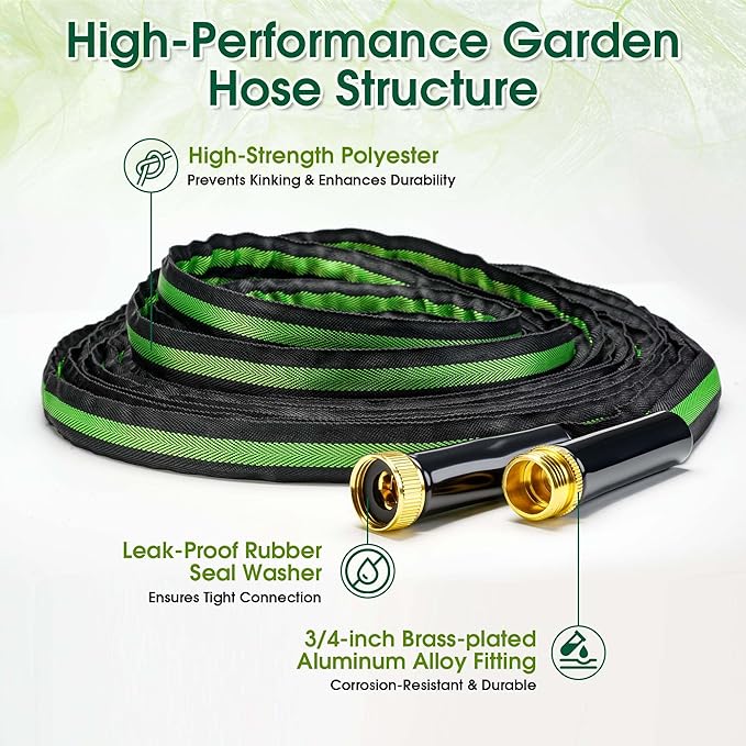 Aterr Garden Hose 50ft, Lightweight Flexible Water Hose with 10 Pattern Nozzle, Durable Hose, Solid Aluminum Connectors, Leak-Resistant for Yard Lawn Car Washing, (Green)