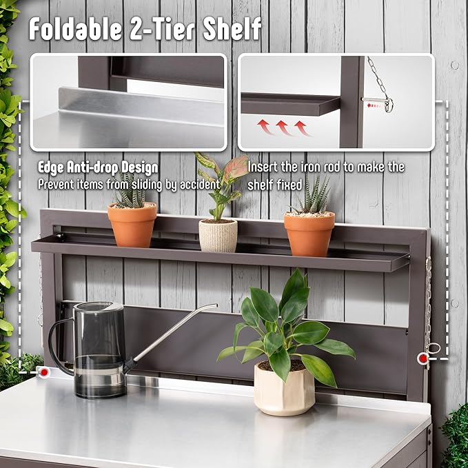 Feasto Garden Potting Bench with Storage Cabinet,Outdoor Gardening Table & Work Bench for Plants, Horticulture,Outdoor Workstation with Stainless Steel Tabletop,Outdoor Work Table with Elevated Rack