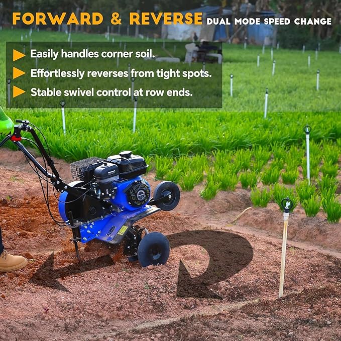212cc 4-Cycle 7HP Gas Powered Tiller Cultivator - 22" Heavy-Duty Steel Tines Rototiller, Adjustable Wheels and Handle, Forward/Reverse for Plowing, Tilling, Weeding in Garden, Farm (Navy Blue)