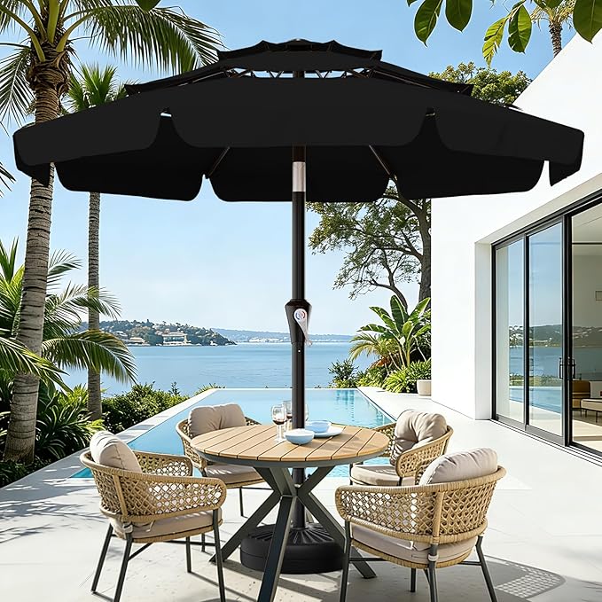AreShark 9FT 3-Tiers Patio Umbrella with Valance, Outdoor Umbrellas with Crank/Tilt, Table Market Umbrella Vented w/ 8 Sturdy Ribs for Garden, Deck, Backyard, and Pool, Black