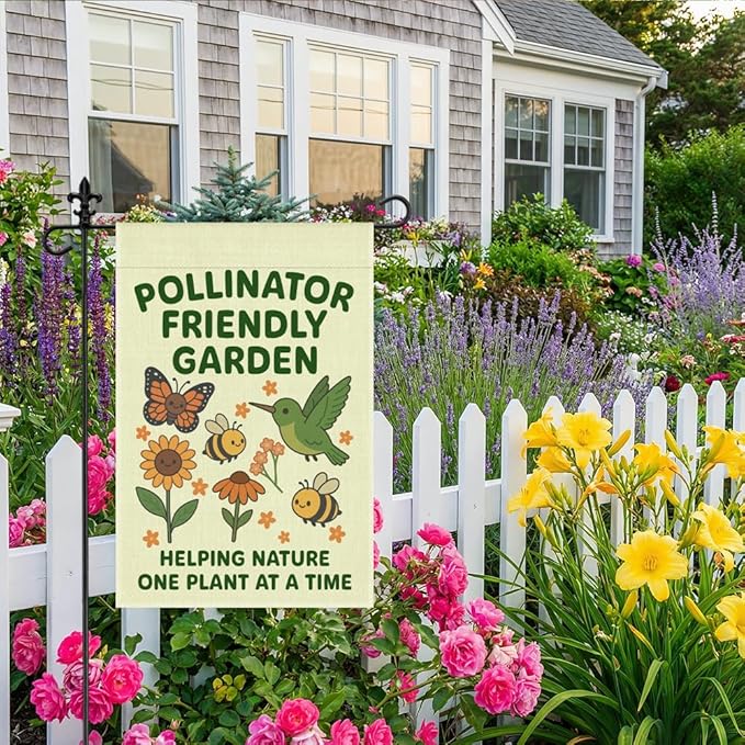 Pollinator Friendly Garden One Plant at A Time Garden Flag, 12 x 18 Inch Double Sided Butterfly Hummingbird Outdoor Yard Decor, Wildlife Garden Banner for Pollinator Advocate Nature Lover