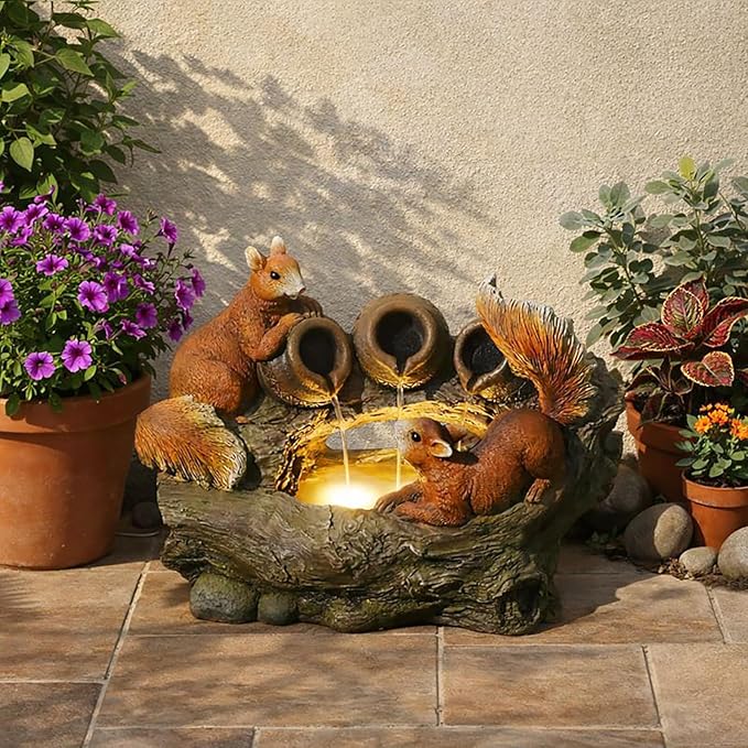 Sunlinua 24" L Squirrel Outdoor Water Fountain, Decorative Resin Water Fountain with LED Lights, Garden Waterfall Fountains Indoor and Outdoor for Patio, Porch, Courtyard, Home Decor
