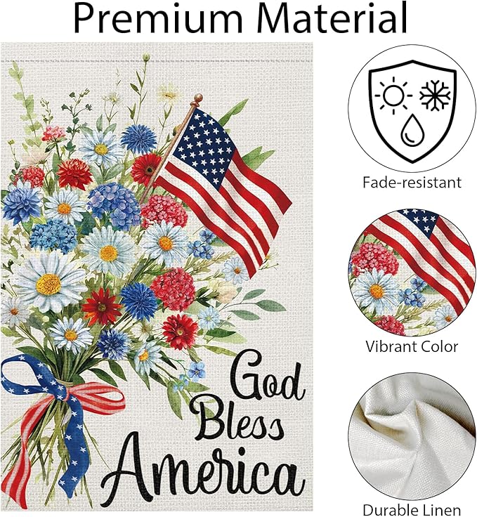 God Bless America 4th of July Garden Flag 12x18 Inch Double Sided Burlap Outside, Daisy Floral Patriotic Yard Flag for Independence Day Outdoor Decoration