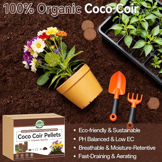 Halatool 100 Pcs Coco Coir Pellets, Coconut Soil Pellets for Seed Starting, Potting Soil Mix, Cat Grass Soil, Compressed Dirt Pods for Plants, Vegetables, Fruits, Flowers