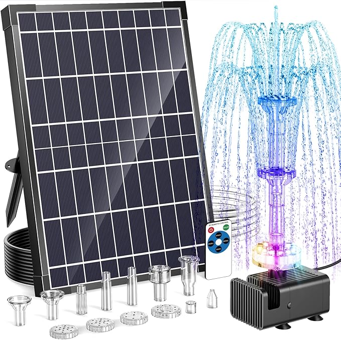 Antfraer 12W Solar Fountain Pump with 4200mAh Battery Backup& Remote RGB LED Lights, Floating Solar Water Fountain with 8 Nozzles & PVC Tubing for Bird Bath, Garden, Backyard, Outdoor Water Feature