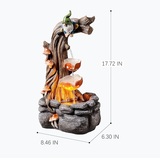 Tolevoit Gnome Outdoor Water Fountain with Warm LED Lights, Cascading Mushroom Waterfall on Tree Stump, Whimsical Garden Decor & Yard Art for Patio, Lawn, Porch and Indoor Tabletop