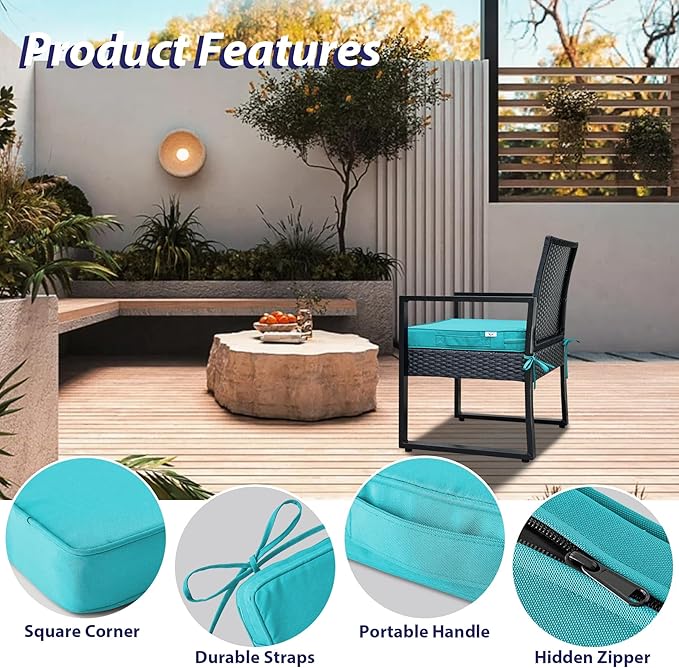 IPYNBAP Outdoor Chair Cushions Set of 4,Waterproof Outdoor Seat Cushions for Patio Furniture,Patio Chair Cushion with Handle and Ties, Square Out Door Chair Pads,17" x 16" x 2", Teal