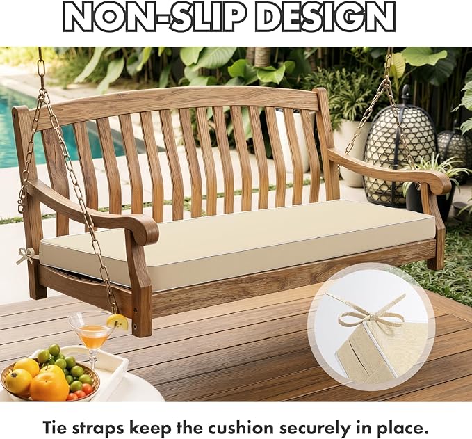 MIULEE Beige Outdoor Bench Cushion 42x18x3 Inch Waterproof 3-Year Color Fastness Patio Furniture Cushions for Porch Swing, Garden Bench Sofa Couch with Adjustable Ties No Slip Design