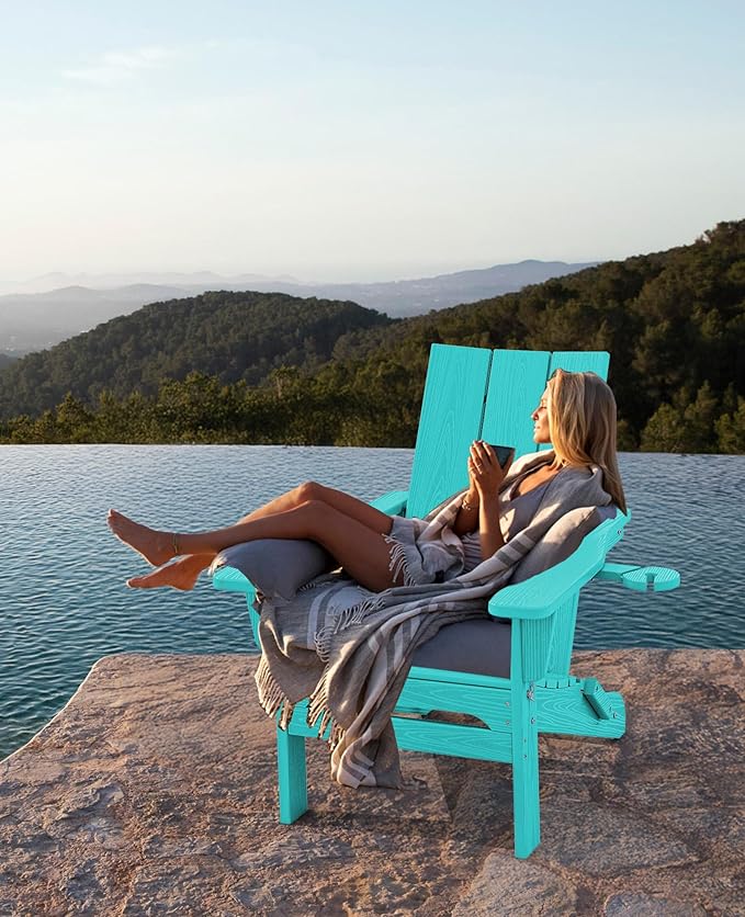 SERWALL Modern Adirondack Chair, Folding Adirondack Chair with Cup Holders, Outdoor HDPE Fire Pit Chair for Patio, Lawn, Garden, Aruba