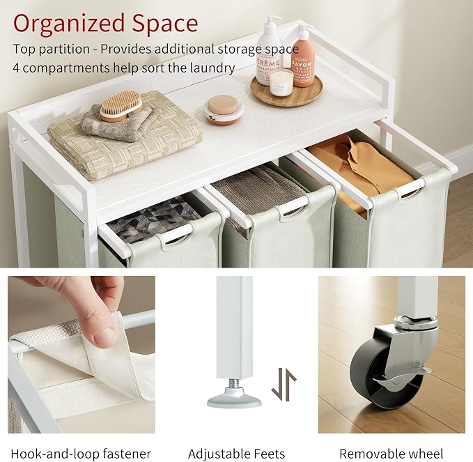 Herture Laundry Hampers with Shelf, Laundry Basket 3 Section, 3 x 15.87 Gal | Laundry Sorter with Pull-Out Removable Large 3 White Bags and Movable Wheels, Metal Frame, White PF04XLW