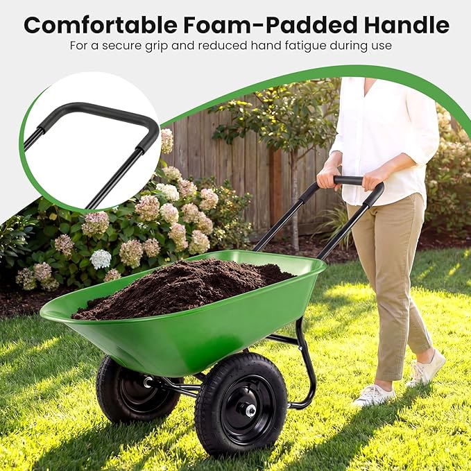 Goplus 2 Wheel Wheelbarrow, Dual Wheel Barrow with 14 inches Pneumatic Rubber Tires, 330 lbs Capacity Garden Yard Cart for Gardening Tool, Moving Soil, Wood, Gravel, Mulch
