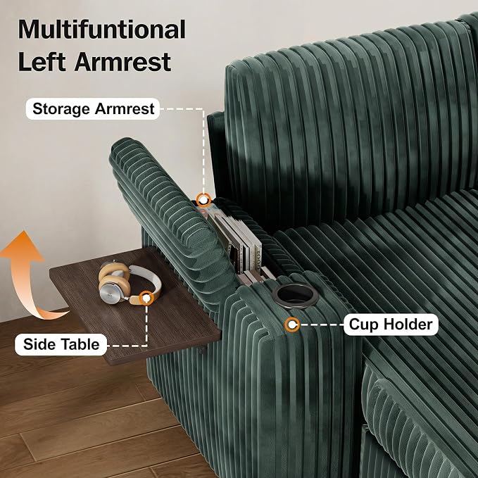Vipbear 108" Modular Sectional Sleeper Sofa with Pull Out Bed, 4 Seat Plush Corduroy U Shaped Couch with USB Ports|Cup Holders|Side Table|Storage Chaise Armrests, Tool Free Assembly, Green