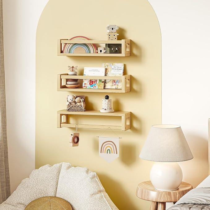 3Pack Solid Wood Floating Shelves for Wall, Nursery Bookshelf, Natural Wood | Durable Solid Wood Construction, Deep Shelf Space for Books, Toys, Plants, Photos and Kitchen Storage