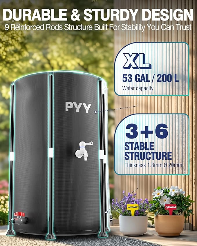 PYY Rain Water Collection Barrel - 53 Gallon Black Large Water Storage Tank with Spigot, Hose and Portable Bucket, Plastic Collapsible Rain Catcher Catchment System to Collect Rainwater from Gutter