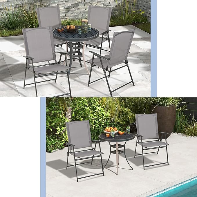 Tangkula Set of 4 Patio Folding Chairs, High Back Dining Chairs with Weather-Resistant Fabric, No Assembly, Outdoor Portable Metal Lawn Chairs with Armrests & Footrest for Garden
