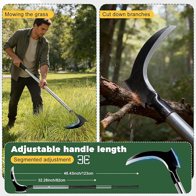 Sickle Weeding Tool-Manual Weeder Tool with Double Blade Head Heavy Duty Garden Hand Tool for Weeding Farm Harvesting Clearing Vines