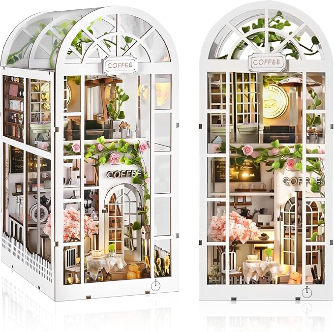 Green House Book Nook Kit - DIY Miniature Coffee Garden 3D Wooden Puzzle, Booknook Bookshelf Decor for Adults Teens, Creative Craft Kits Gift for Family Friends