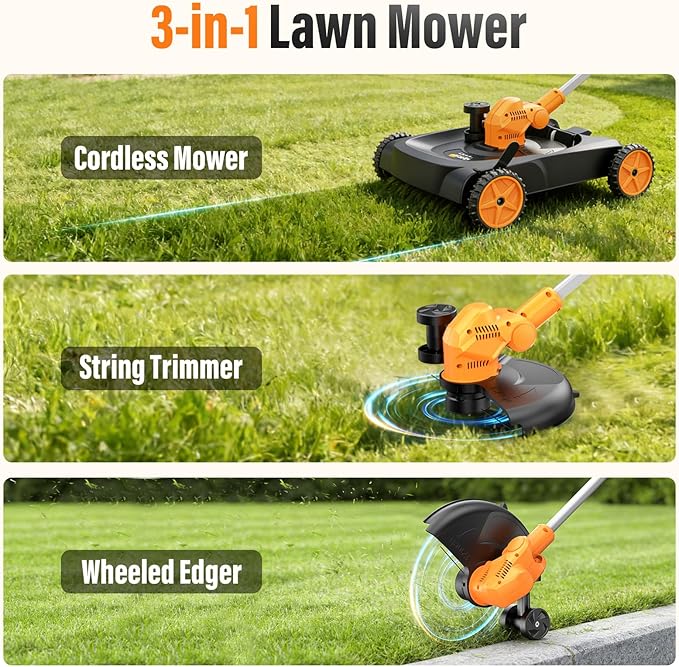 3-in-1 Cordless Lawn Mower, 3000W Brushless String Trimmer & Wheeled Edger Combo Kit, 18.9 Inch, 3 Blades for Lawn Weeds Shrubs, Adjustable Height & Angle Electric Weed Wacker Garden Tools