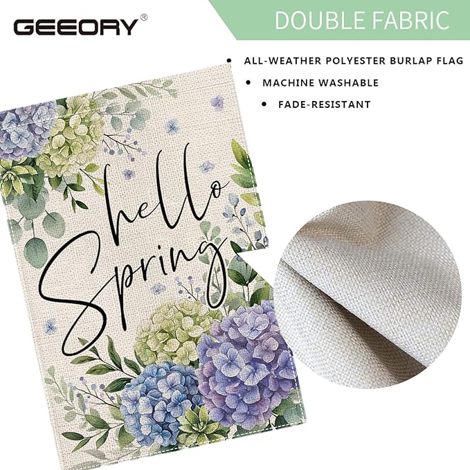 GEEORY Hello Spring Hydrangea Eucalyptus Garden Flag 12x18 Inch, Double Sided Spring Summer Decor, Farmhouse Rustic Outdoor Floral Flag Outside Yard Lawn Decoration