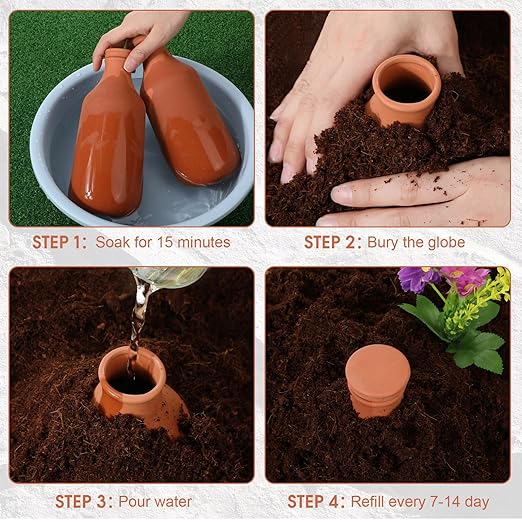 DoubleFill 2 Pcs 24oz Ollas Terracotta Watering Pots Self Watering Planter Insert Terracotta Globes Clay for Outdoor Indoor Garden Plants, Easy to Refill